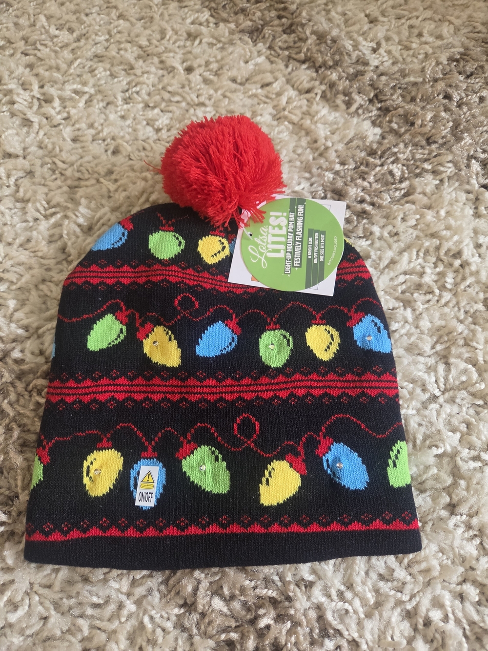 Lights! Pom Pom Knit Hat for Kids - Black with Multicolor Lights